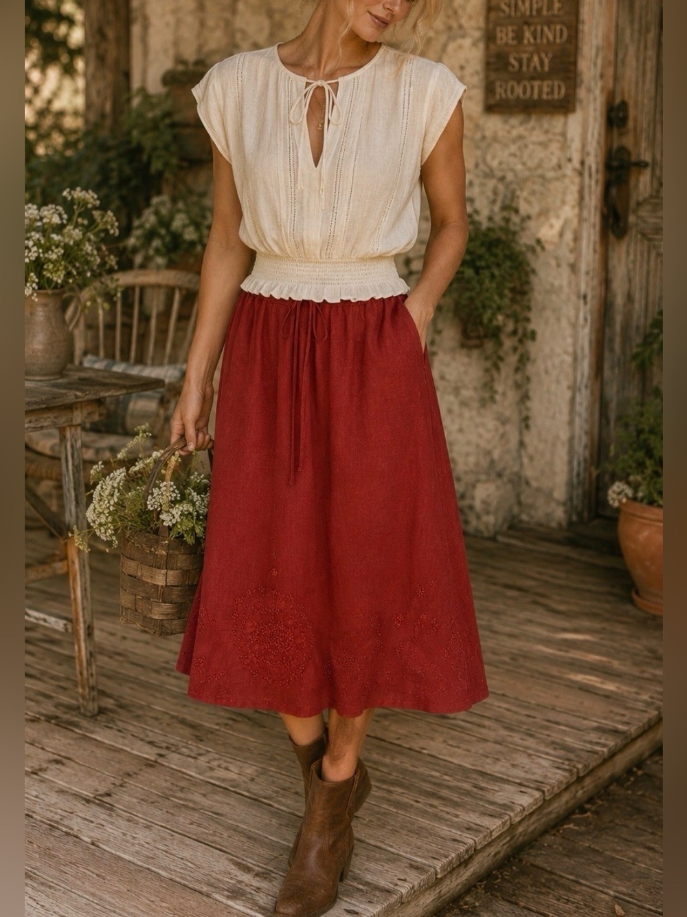 Red A-Line Linen Midi Skirt with Drawstring Waist